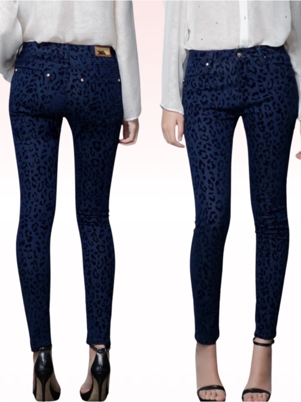 ZARA Blue Velvet Leopard Skinny Jeans (Sz 6)